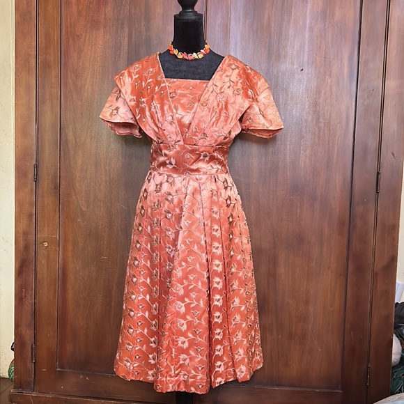 Vintage Handmade Peachy Keen Satin Dress - Picture 3 of 16